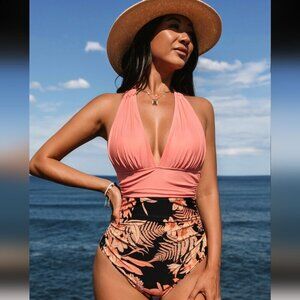 Havana Tropical Plunge Halter Ruched One Piece Swimsuit - M Pink & Black NWT